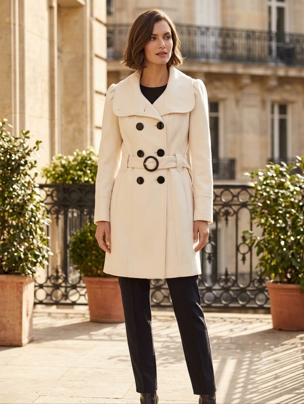 Worthington Cream Double-Breasted Pea Coat with Black Buttons